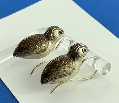 Antique Silver Cloisonne Enamel Quail Bird Dangle Hook Earrings