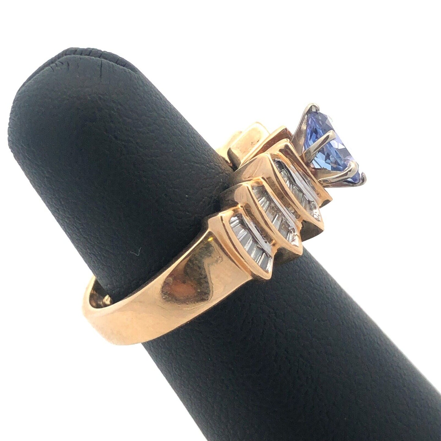 Designer 14K Yellow Gold Oval Tanzanite Diamond Baguette Accented Statement Ring