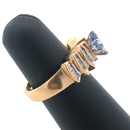 Designer 14K Yellow Gold Oval Tanzanite Diamond Baguette Accented Statement Ring