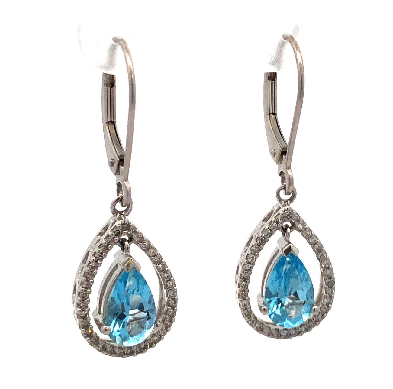 14k White Gold Pear Blue Topaz with Pave Diamond Halo Drop Dangle Earrings