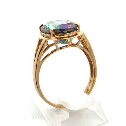 14K Yellow Gold Oval Mystic Topaz Healing Good Luck Power Statement Ring
