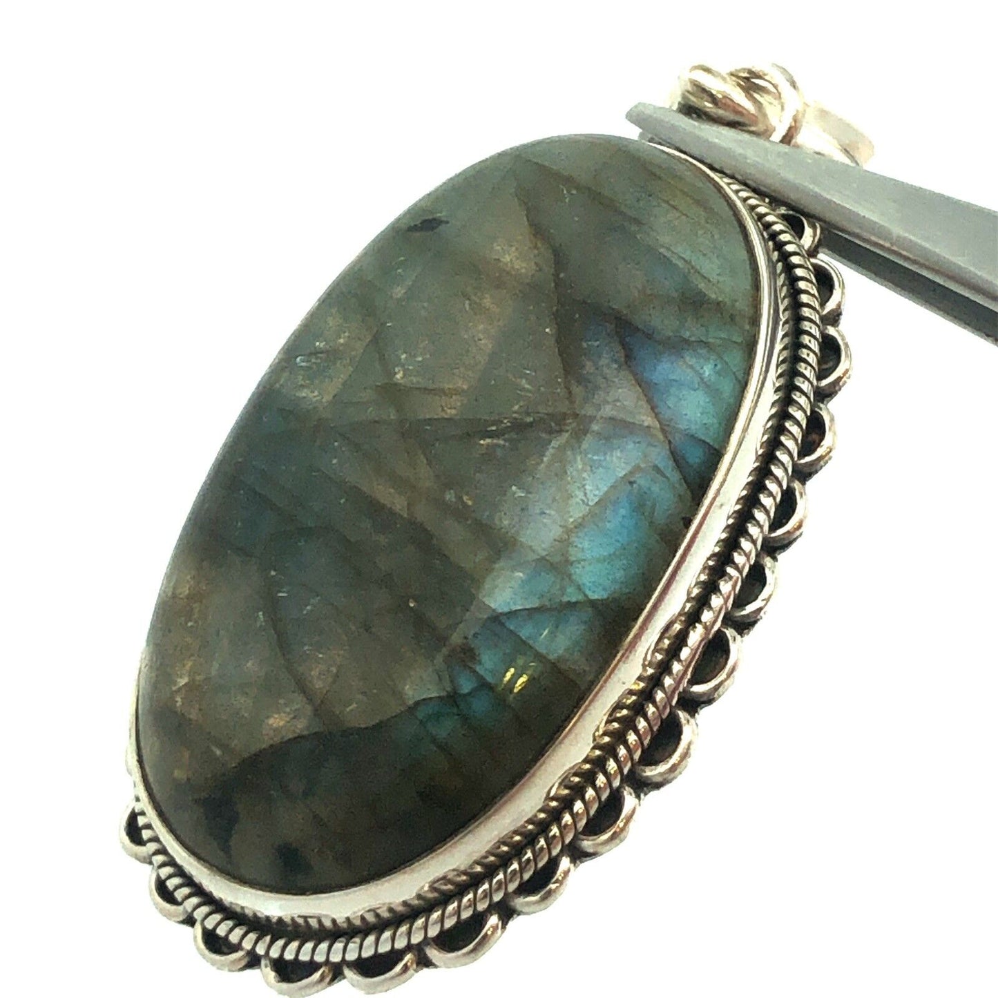 Vintage 925 Sterling Silver Oval Cabochon Labradorite Large Statement Pendant