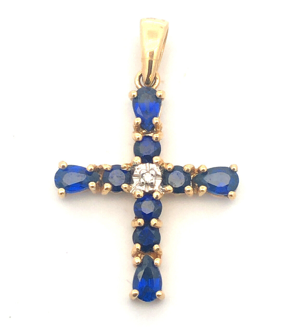 Gorgeous 10k Yellow Gold Blue Spinel Diamond Faith Religious Cross Pendant
