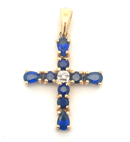 Gorgeous 10k Yellow Gold Blue Spinel Diamond Faith Religious Cross Pendant
