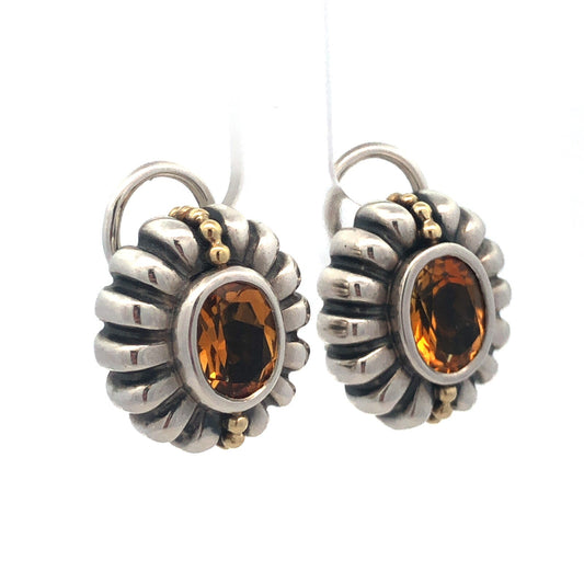 Lagos Caviar 925 Sterling Silver 18K Yellow Gold Cognac Cushion Citrine Earrings