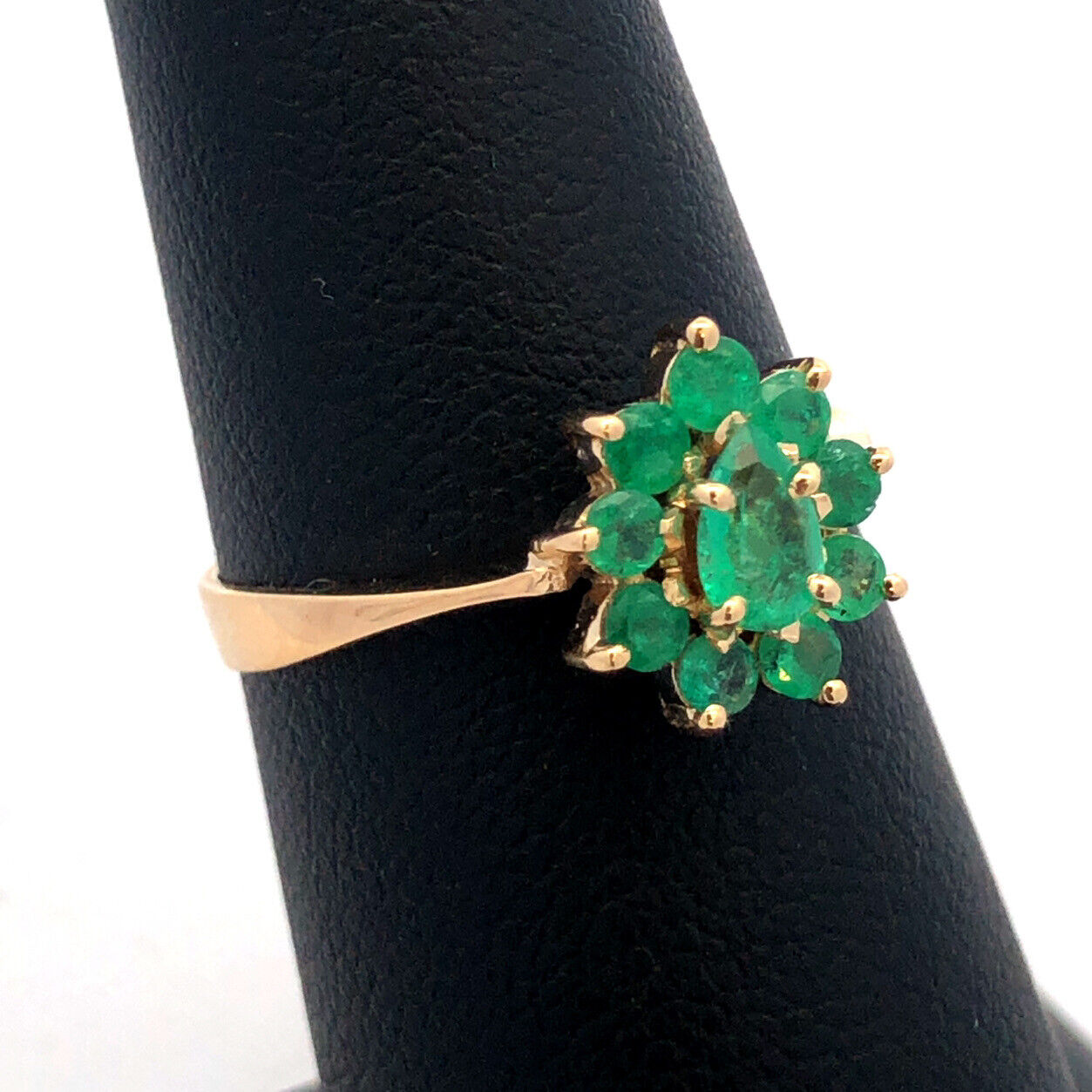 18K Yellow Gold Estate Emerald Floral Cluster May Anniversary Cocktail Ring