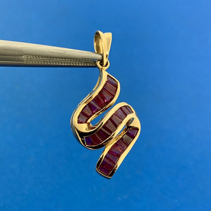 Designer 14K Yellow Gold Ruby Tapered Baguette S Ribbon Statement Pendant