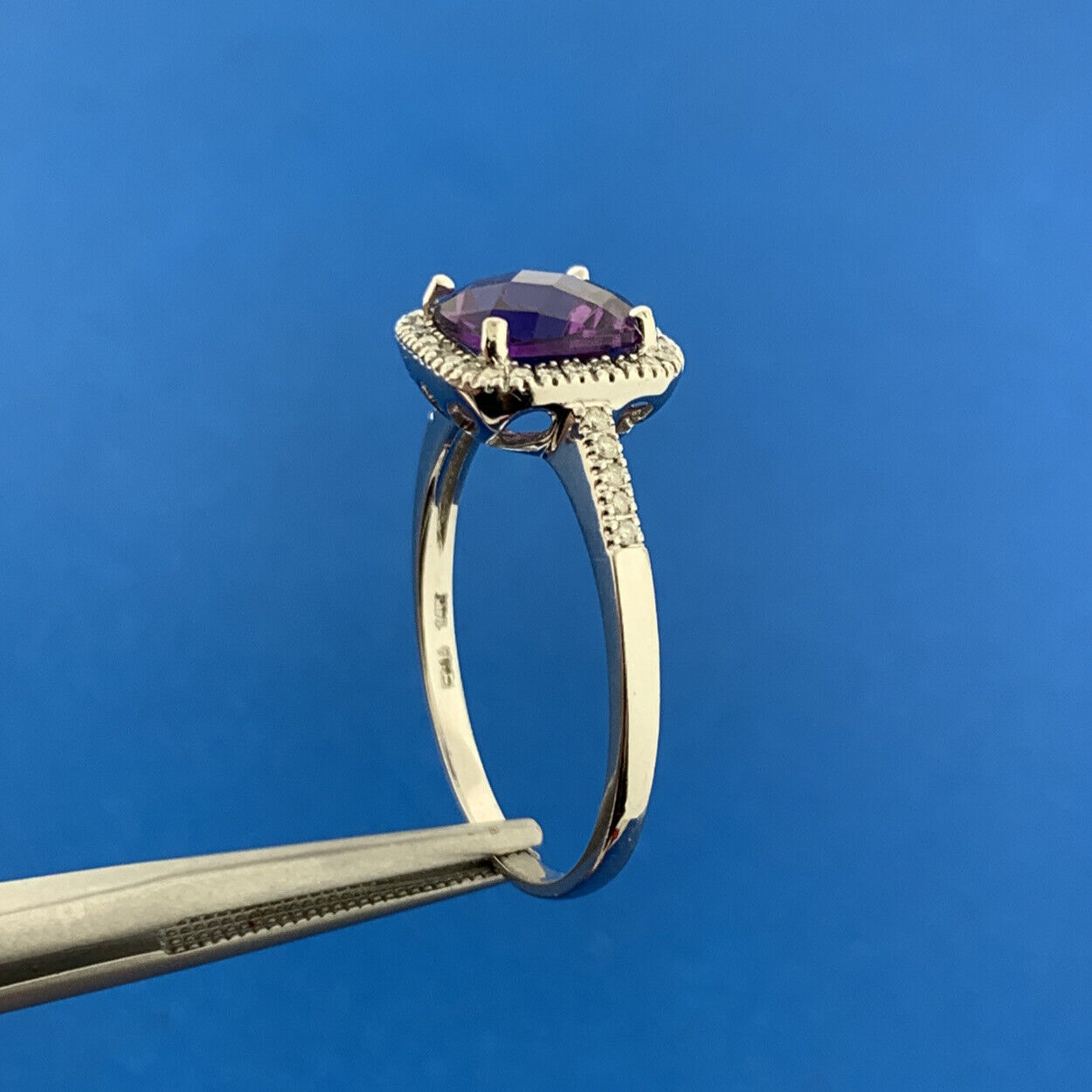 Designer 14K White Gold Cushion Cut Amethyst Diamomd Halo Accented Ring