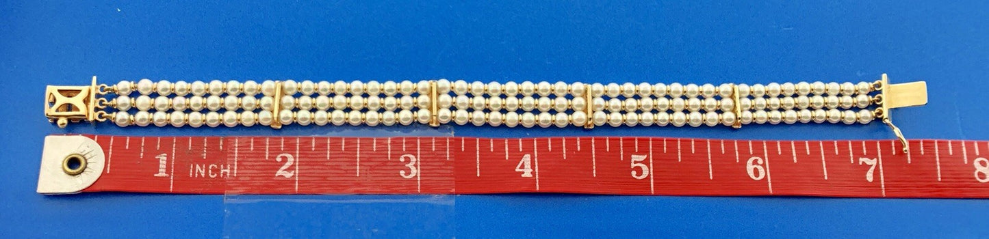 Vintage 14K Yellow Gold Cultured Pearl 3 Strand Bridal June Anniversary Bracelet