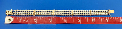 Vintage 14K Yellow Gold Cultured Pearl 3 Strand Bridal June Anniversary Bracelet