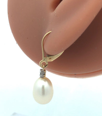 Designer 14K Yellow Gold Diamond Accent Pearl Dangle Lever Back Earrings