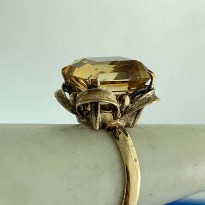 Vintage 14K Yellow Gold Emerald Cut Citrine Solitaire Cocktail Ring