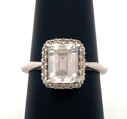 Sterling Silver Emerald Cubic Zirconia Halo Solitaire Engagement Ring