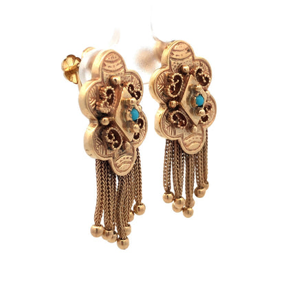 Vintage 14k Yellow Gold Edwardian Dangle Tassel Earrings with Turquoise