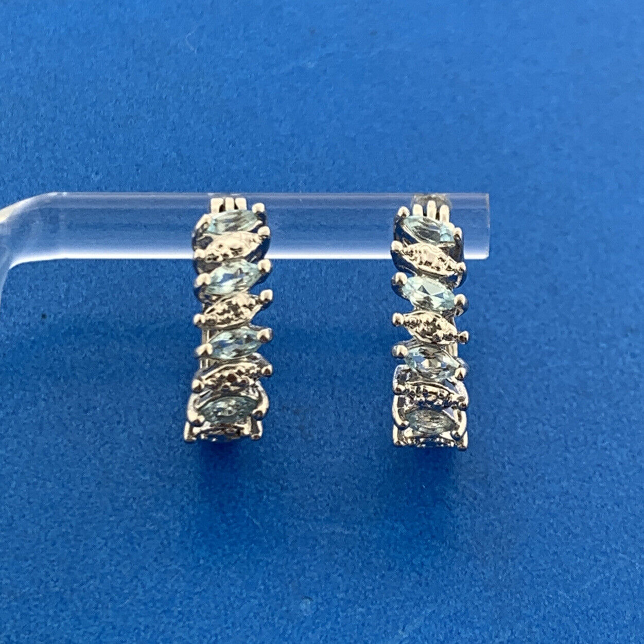 Designer Sterling Silver Marquise Aquamarine Diamond Accented Half Hoop Earrings