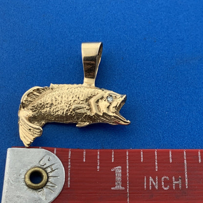 Vintage 14K Yellow Gold Diamond Open Mouth Koi Bass Fish Statement Pendant