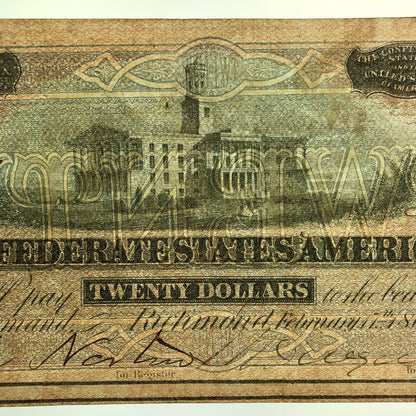 1864 $20 Twenty Dollars Confederate States of America CSA Last Issue T-67 Curren