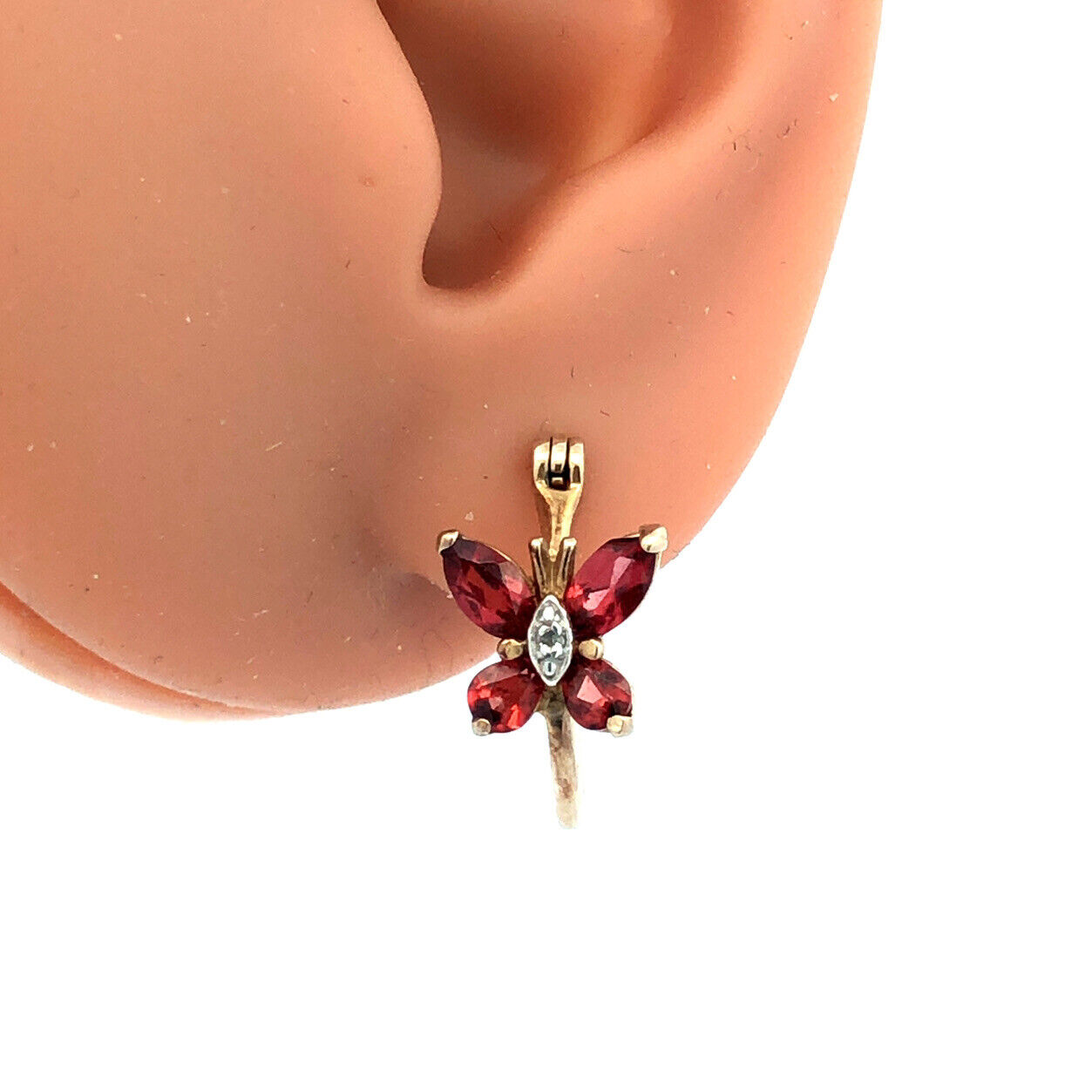 Designer 925 Sterling Silver Vermeil Garnet Diamond Butterfly Hoop Earrings