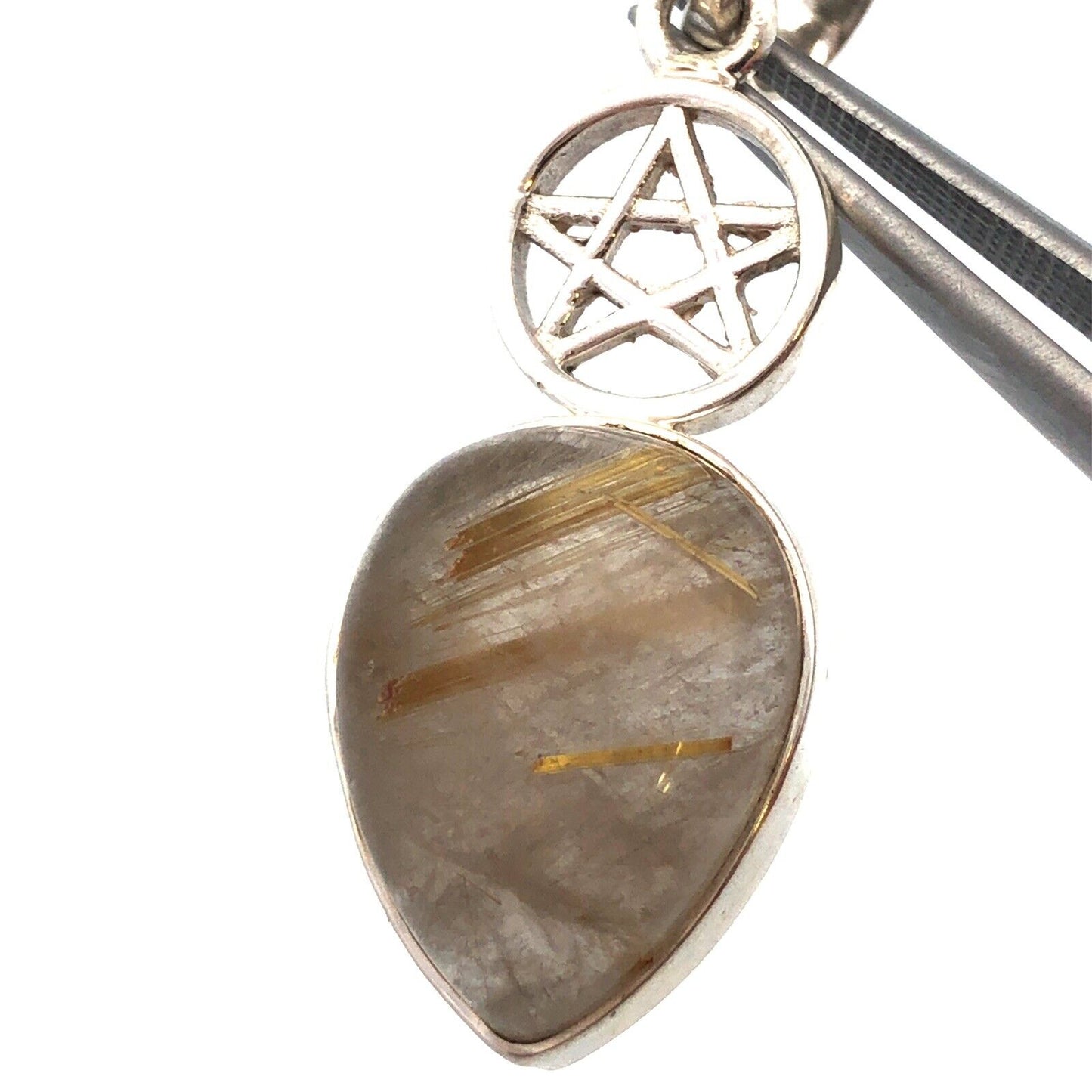 925 Sterling Silver Rutilated Quartz Cabochon Star Design Drop Pendant