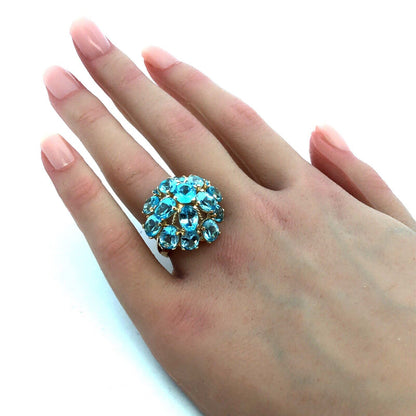 Designer EL 10K Yellow Gold Oval Blue Topaz Round Dome Statement Cocktail Ring