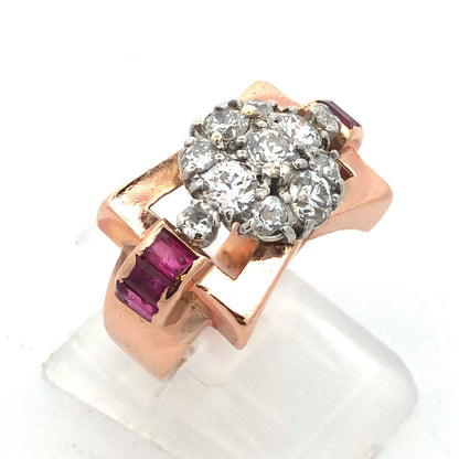 Unusual 14K Rose Gold Diamond Floral Cluster Ruby Baguette Accent Cocktail Ring