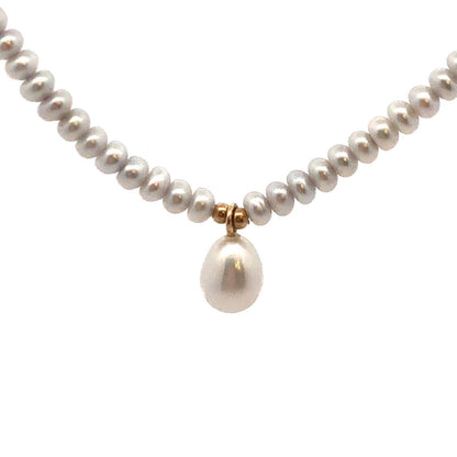 14K Yellow Gold Grey Button Pearl Beaded Drop Pearl Pendant Necklace
