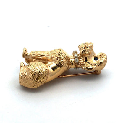 Vintage Designer 14K Yellow Gold Sapphire Seed Pearl Poodle Pin Pendant