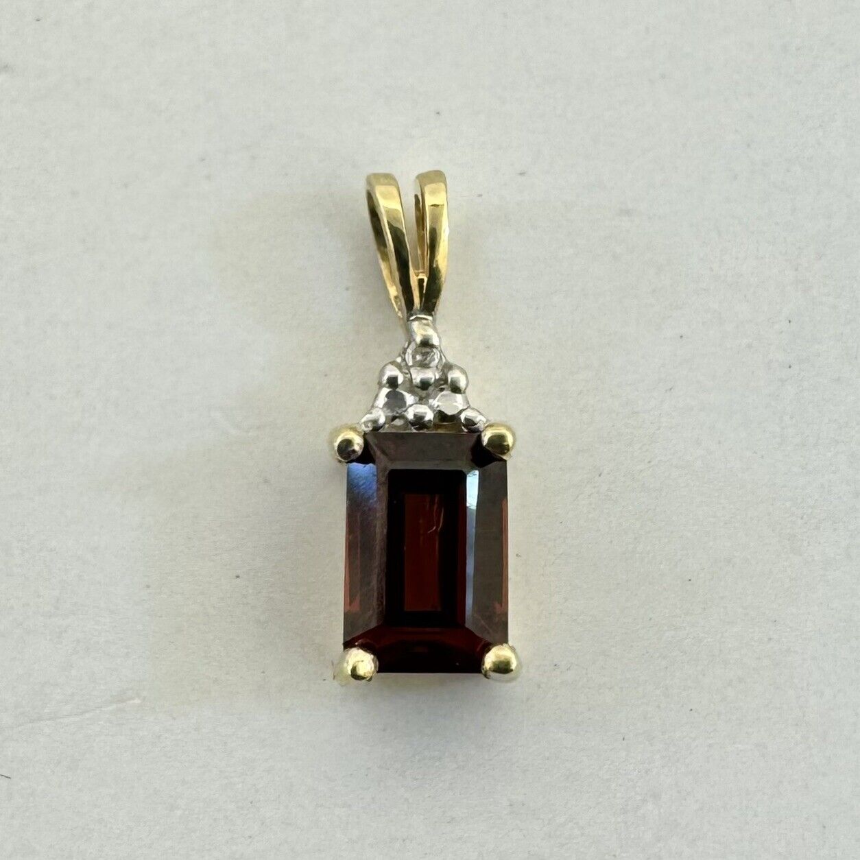 Designer LGL 10K Yellow Gold Emerald Cut Garnet Diamond Accents Petite Pendant