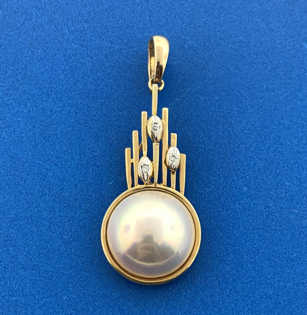 Vintage 14K Yellow Gold Mabe Pearl Diamond Accented Modernist Enhancer Pendant