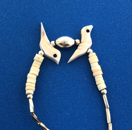 Stunning Sterling Silver 925 White Abalone Shell Twin Bird 6.75" Small Bracelet