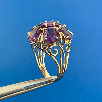 Gorgeous 10k Yellow Gold Oval Cut Amethyst Cluster Openwork Dome Ring Size 7.75