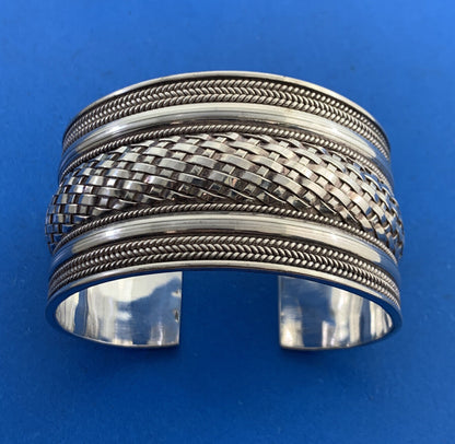 Sterling Silver 925 Basket Weave Ribbed Polished Wide Statement Cuff Bracelet