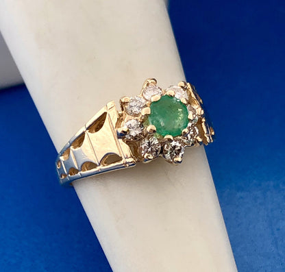 Modernist 14K Yellow Gold Emerald Diamond Halo Floral May Anniversary Ring
