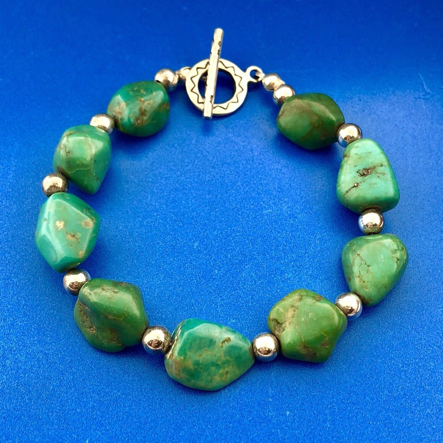 Native American Artisan Sterling Silver 925 Turquoise Chunky Toggle Bracelet