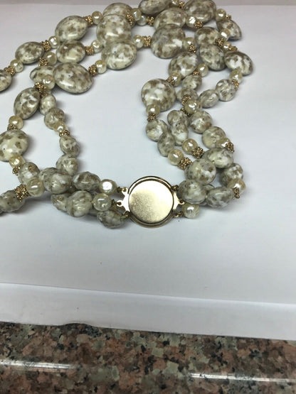 Vintage Gold Tone Pearl Nugget Lucite Faux Agate Bead Three Strand Drop Necklace