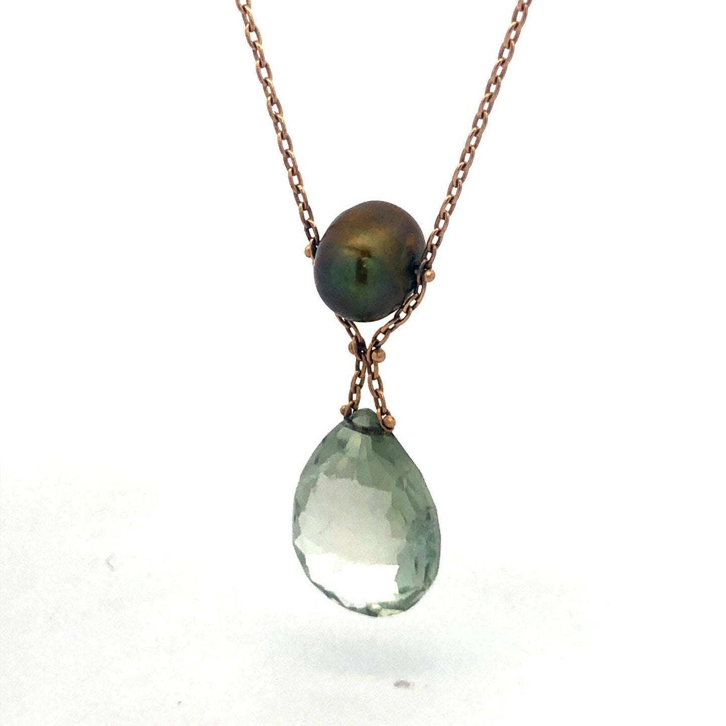 Gorgeous 14k Yellow Gold Teardrop Peridot Green Pearl 18" Oval Link Necklace