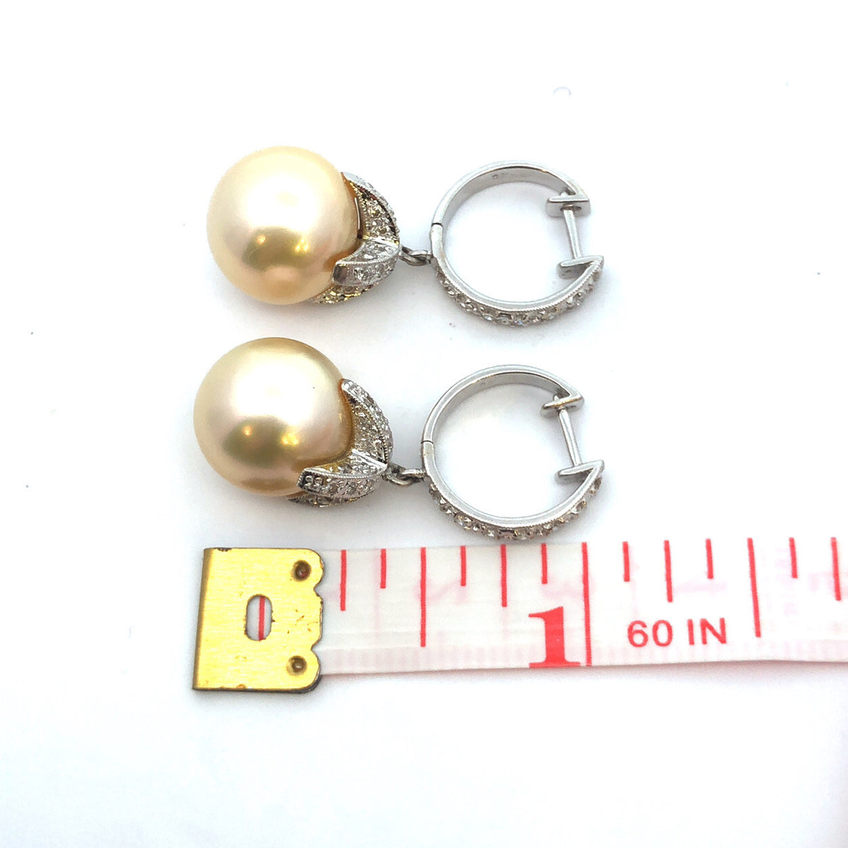 Vintage 18K White Gold Pearl Diamond Accent Dangle Drop Statement Hoop Earrings