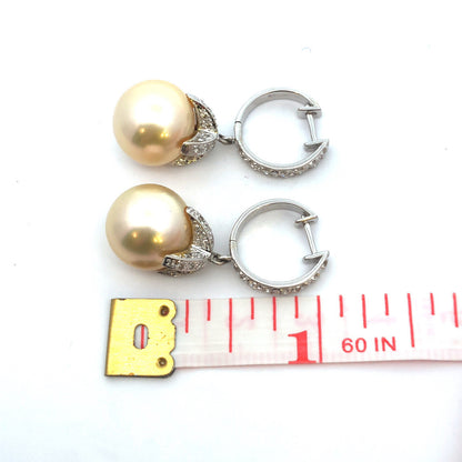 Vintage 18K White Gold Pearl Diamond Accent Dangle Drop Statement Hoop Earrings