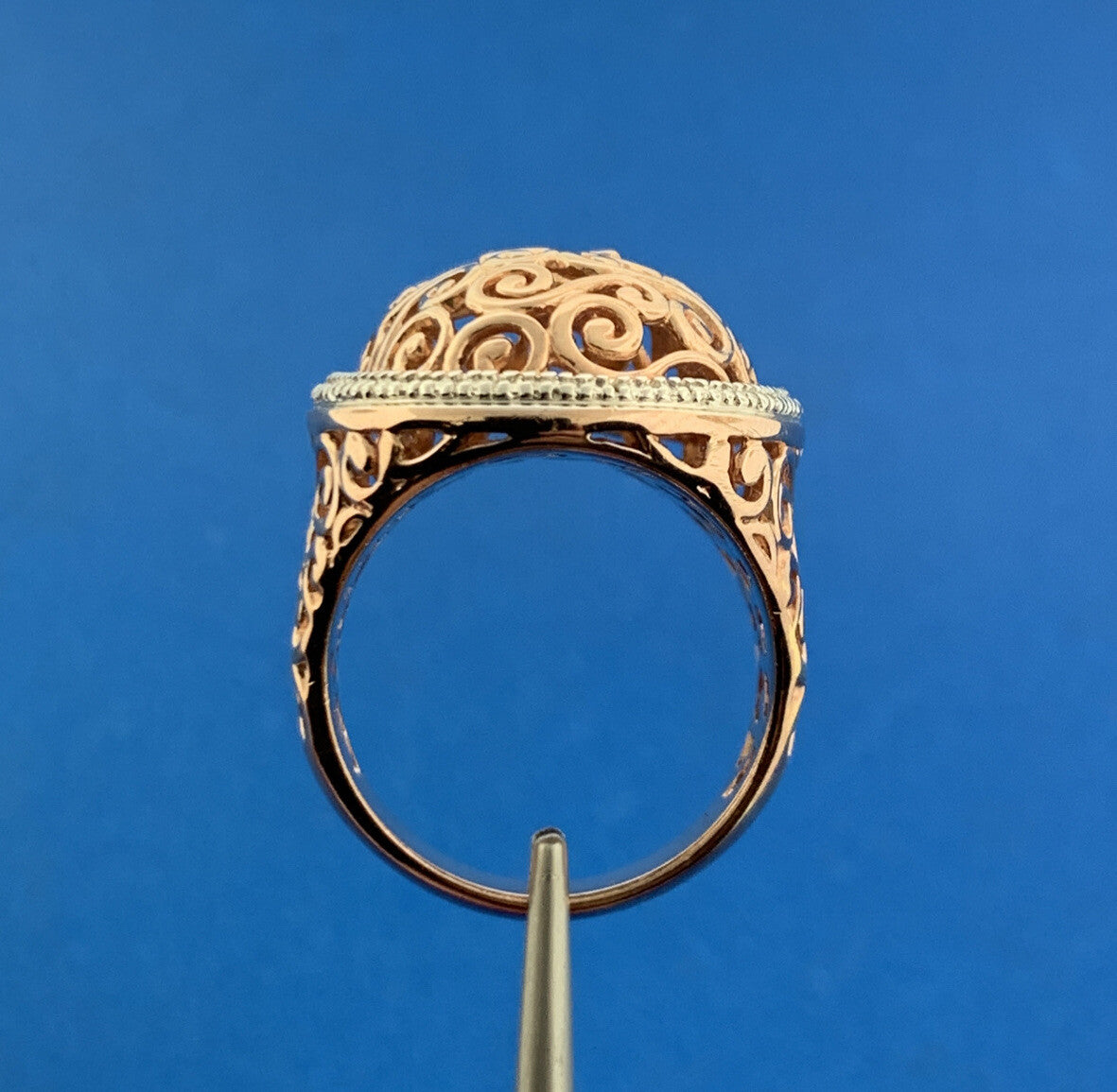 Designer Sterling Silver Rose Vermeil Two Tone Open Scroll Statement Dome Ring