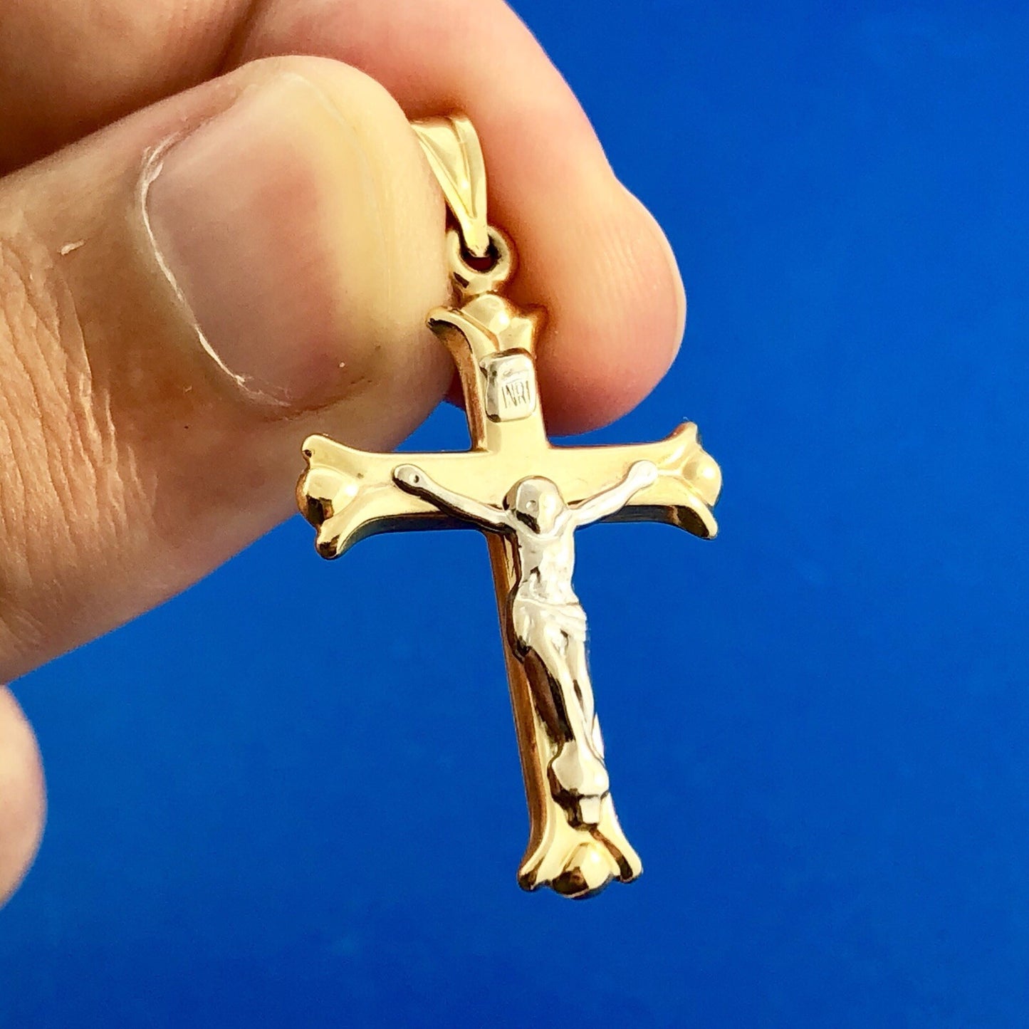 Vintage Designer 10K Yellow White Gold Crucifix Cross Religious Charm Pendant