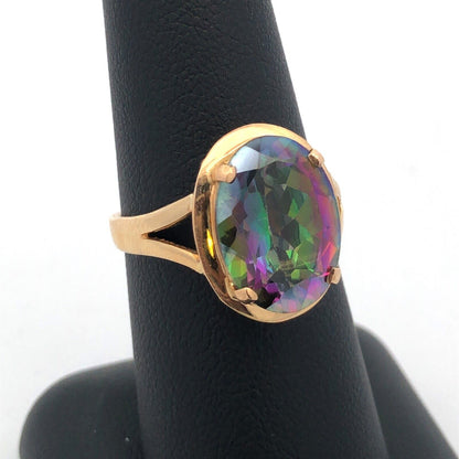 14K Yellow Gold Oval Mystic Topaz Healing Good Luck Power Statement Ring