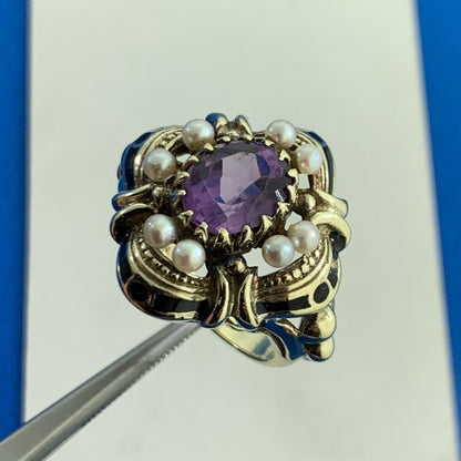 Art Nouveau 14K Yellow Gold Oval Amethyst Pearl Black Enamel Cocktail Ring