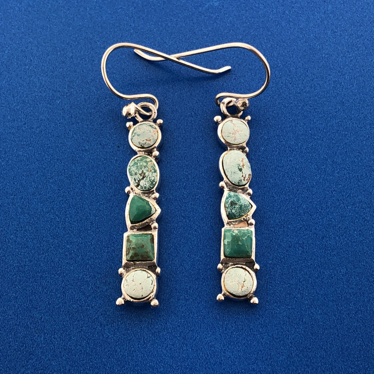 Sterling Silver 925 Multi-Shaped Cabochon Green Turquoise Dangle Hook Earrings