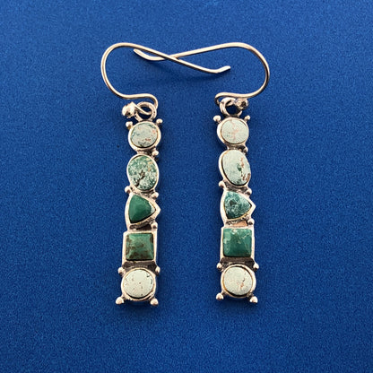 Sterling Silver 925 Multi-Shaped Cabochon Green Turquoise Dangle Hook Earrings