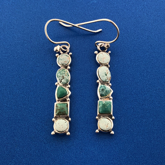 Sterling Silver 925 Multi-Shaped Cabochon Green Turquoise Dangle Hook Earrings