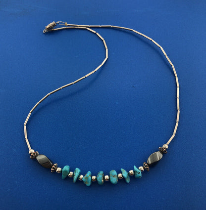 Vintage Sterling Silver 925 Liquid Silver Turquoise Nugget Pyrite Bead Necklace