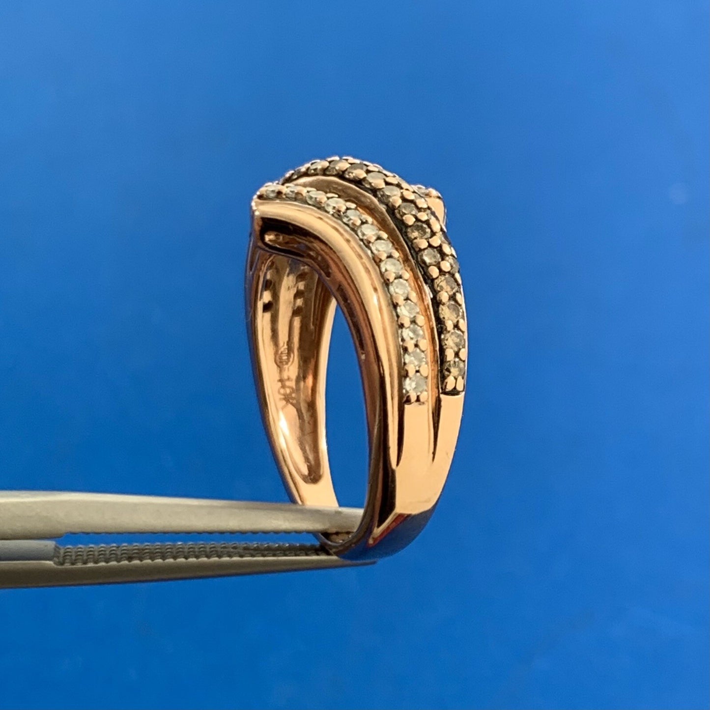 Designer 10K Rose Gold White & Chocolate Round Diamond Bypass Cocktail Band Ring