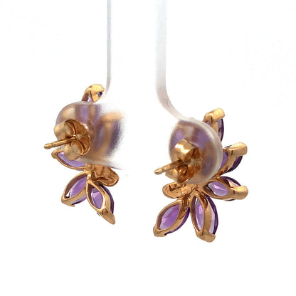 Designer TK 14K Yellow Gold Marquise Amethyst Floral Statement Stud Earrings