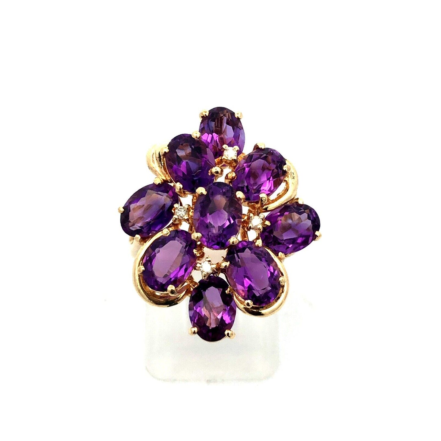 Designer 14K Yellow Gold Lab Created Oval Amethyst Diamond Cluster Cocktail Ring