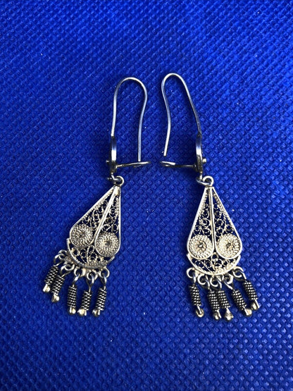 Beaded Filigree 925 Sterling Silver Dangle Drop Hook Earrings